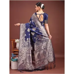 Women's Banarasi Silk Printed Saree with Blouse – Navy Blue