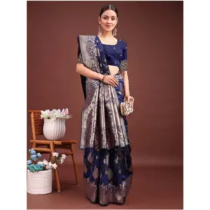 Women's Banarasi Silk Printed Saree with Blouse – Navy Blue