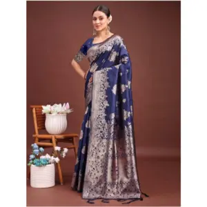 Women's Banarasi Silk Printed Saree with Blouse – Navy Blue