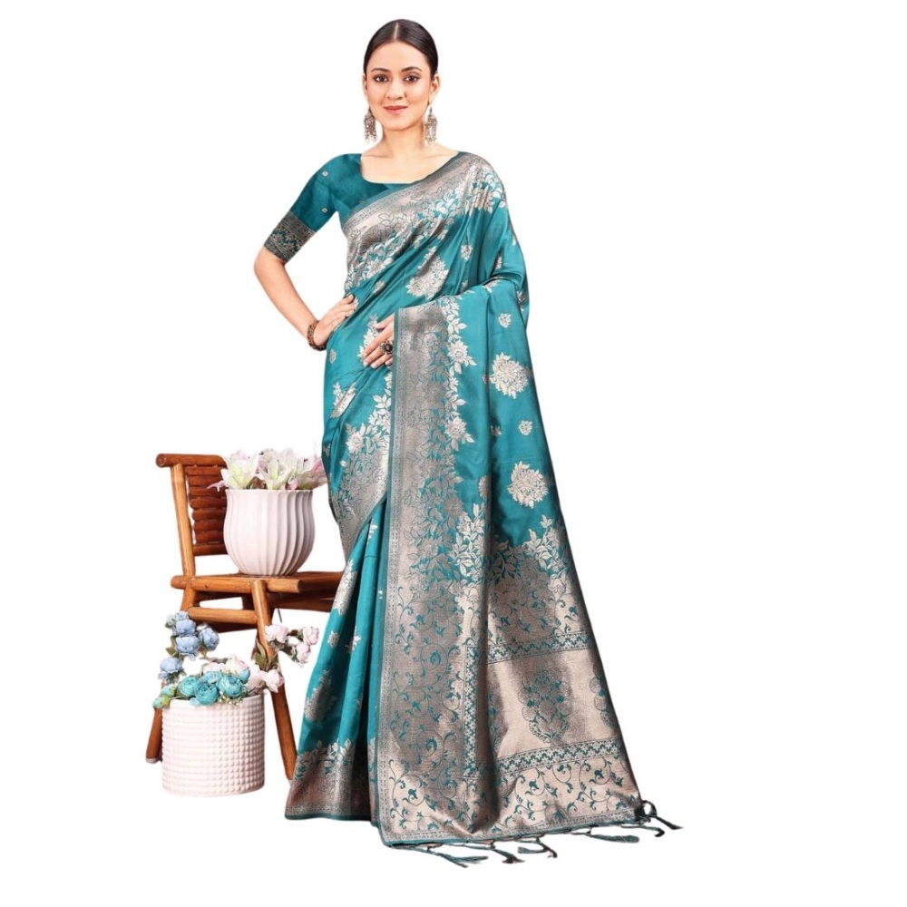 Women's Banarasi Silk Printed Saree with Blouse – Sea Green