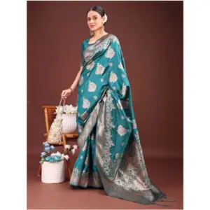 Women's Banarasi Silk Printed Saree with Blouse – Sea Green