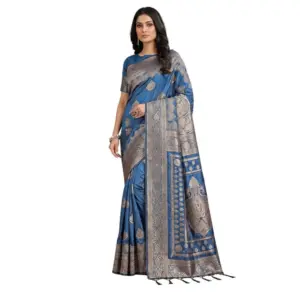 Women's Silk Blend Printed Saree with Blouse – Sky Blue
