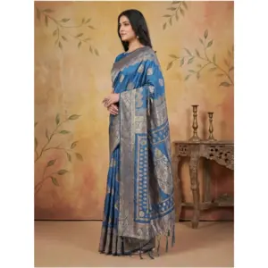 Women's Silk Blend Printed Saree with Blouse – Sky Blue