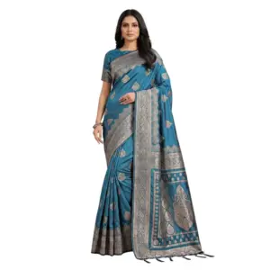 Women's Silk Blend Printed Saree with Blouse – Teal