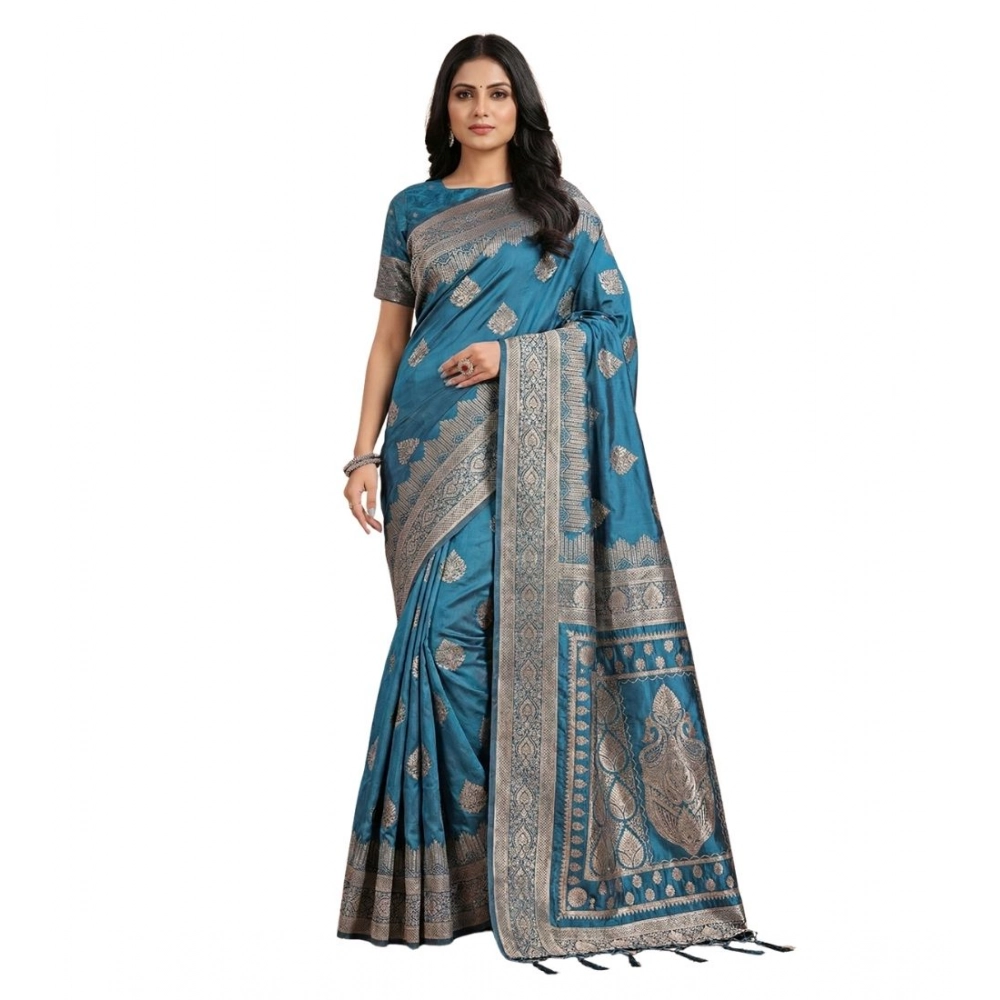 Women's Silk Blend Printed Saree with Blouse – Teal