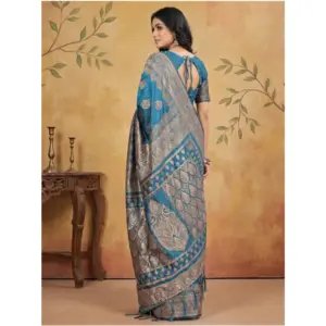 Women's Silk Blend Printed Saree with Blouse – Teal