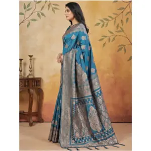 Women's Silk Blend Printed Saree with Blouse – Teal