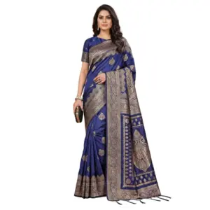 Women's Silk Blend Printed Saree with Blouse – Navy Blue