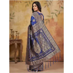 Women's Silk Blend Printed Saree with Blouse – Navy Blue