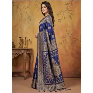 Women's Silk Blend Printed Saree with Blouse – Navy Blue
