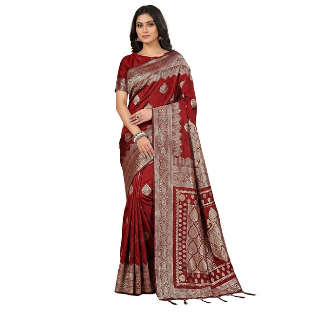 Women's Silk Blend Printed Saree with Blouse – Maroon