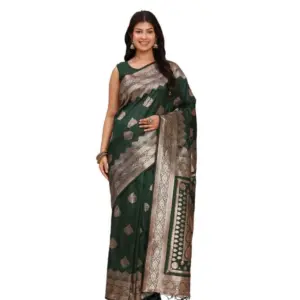Women's Banarasi Silk Printed Saree with Blouse – Green