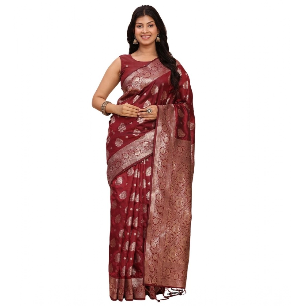 Women's Banarasi Silk Printed Saree with Blouse – Maroon