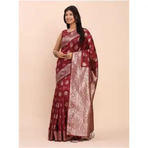 Women's Banarasi Silk Printed Saree with Blouse – Maroon