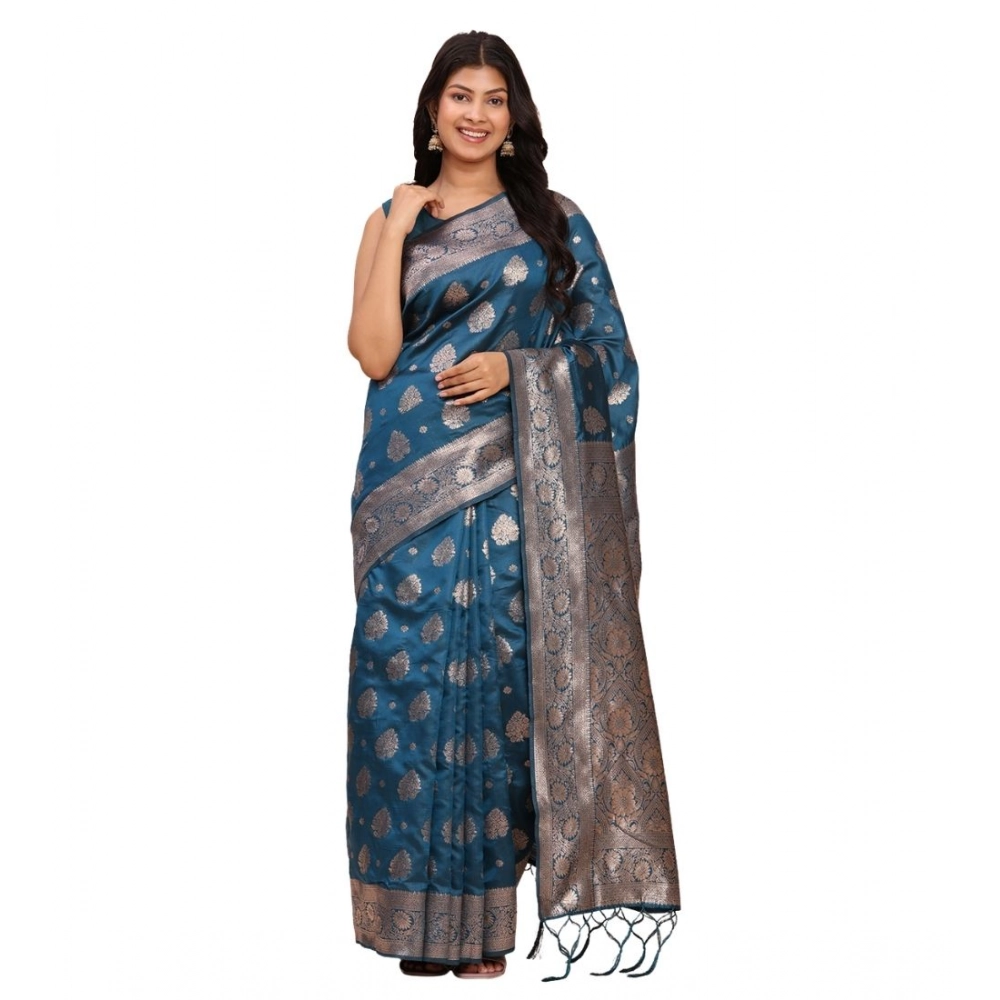 Women's Banarasi Silk Printed Saree with Blouse – Teal Blue