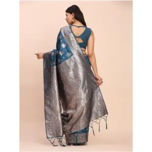 Women's Banarasi Silk Printed Saree with Blouse – Teal Blue