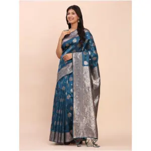 Women's Banarasi Silk Printed Saree with Blouse – Teal Blue