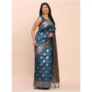 Women's Banarasi Silk Printed Saree with Blouse – Teal Blue