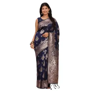 Women's Banarasi Silk Printed Saree with Blouse – Navy Blue