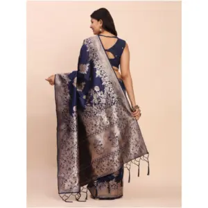Women's Banarasi Silk Printed Saree with Blouse – Navy Blue
