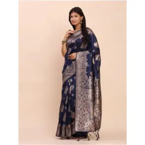 Women's Banarasi Silk Printed Saree with Blouse – Navy Blue