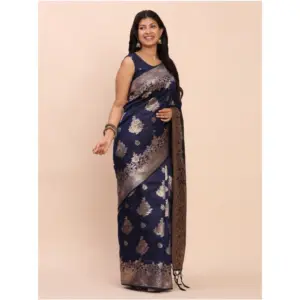 Women's Banarasi Silk Printed Saree with Blouse – Navy Blue