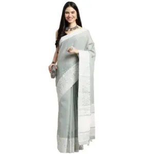 Women's Linen Printed Saree with Blouse – Sea Green