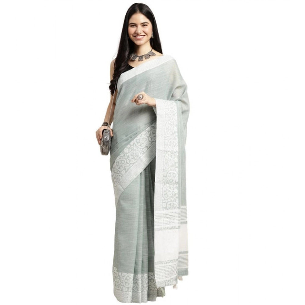 Women's Linen Printed Saree with Blouse – Sea Green