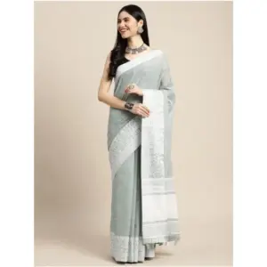 Women's Linen Printed Saree with Blouse – Sea Green