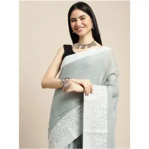 Women's Linen Printed Saree with Blouse – Sea Green
