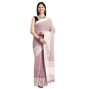 Women's Linen Printed Saree with Blouse – Purple
