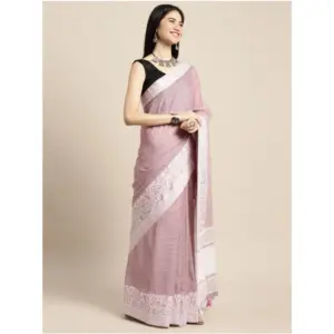 Women's Linen Printed Saree with Blouse – Purple