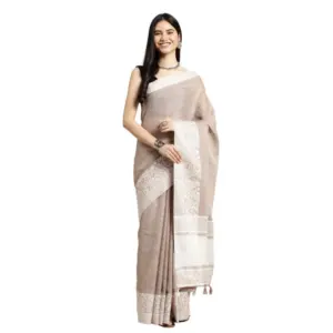 Women's Linen Printed Saree with Blouse – Beige