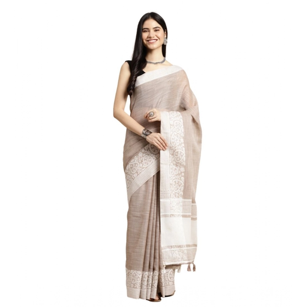 Women's Linen Printed Saree with Blouse – Beige