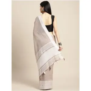 Women's Linen Printed Saree with Blouse – Beige