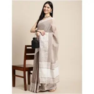 Women's Linen Printed Saree with Blouse – Beige