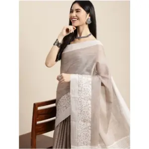 Women's Linen Printed Saree with Blouse – Beige