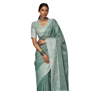 Women's Linen Printed Saree with Blouse – Sea Green