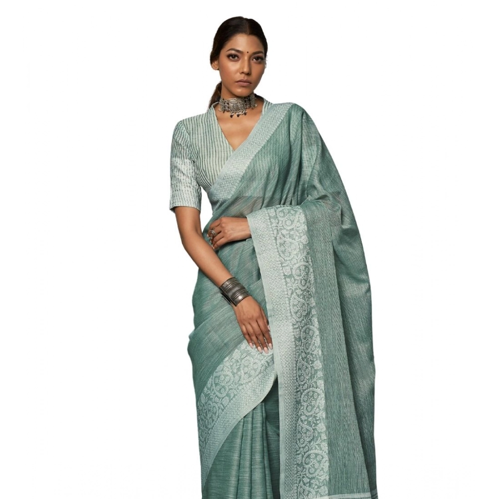 Women's Linen Printed Saree with Blouse – Sea Green
