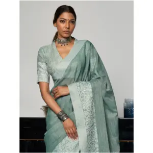 Women's Linen Printed Saree with Blouse – Sea Green