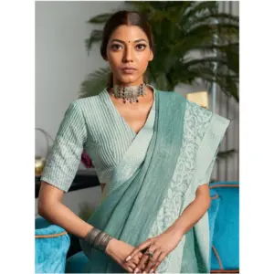Women's Linen Printed Saree with Blouse – Sea Green