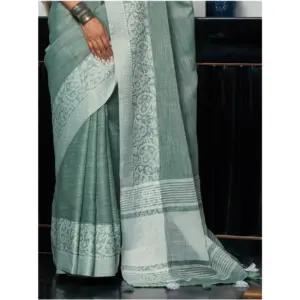 Women's Linen Printed Saree with Blouse – Sea Green