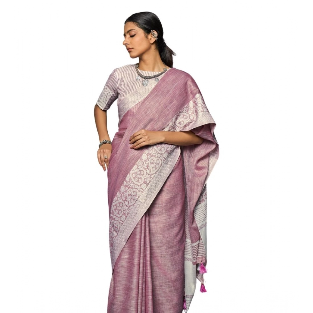 Women's Linen Printed Saree with Blouse – Purple