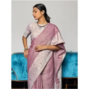 Women's Linen Printed Saree with Blouse – Purple
