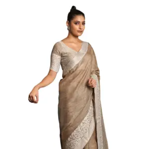 Women's Linen Printed Saree with Blouse – Beige