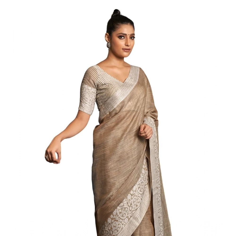 Women's Linen Printed Saree with Blouse – Beige