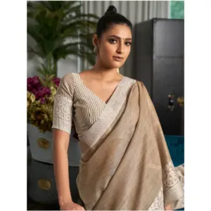 Women's Linen Printed Saree with Blouse – Beige