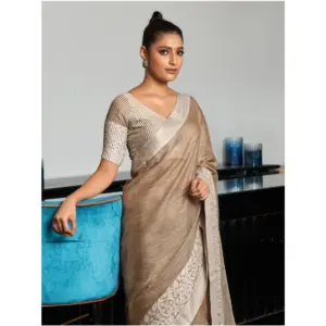 Women's Linen Printed Saree with Blouse – Beige