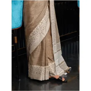 Women's Linen Printed Saree with Blouse – Beige