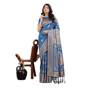 Women's Silk Printed Saree with Blouse – Sky Blue